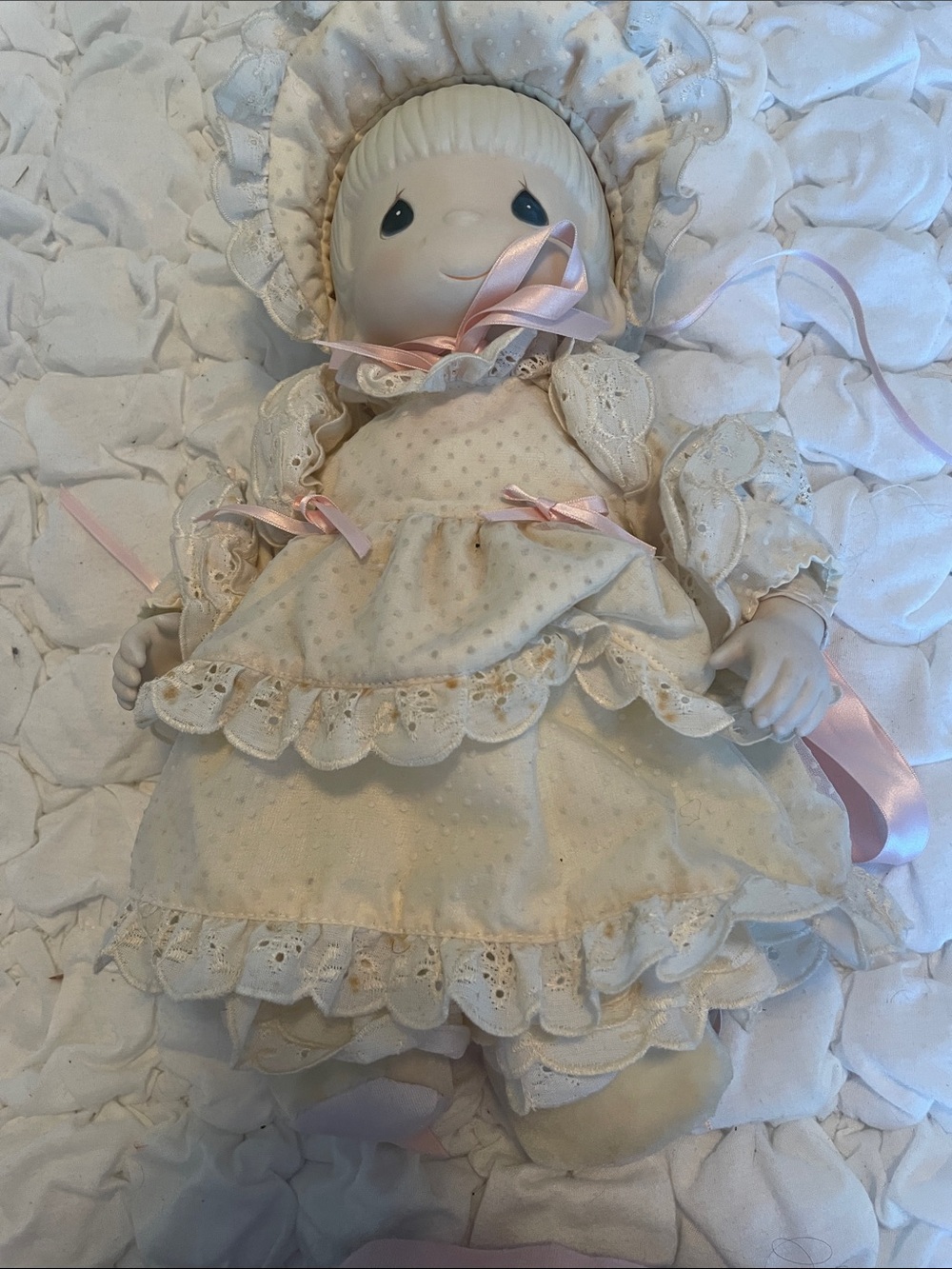 Precious Moments Cream Porcelain-Style Doll with Pink Ribbon Accents